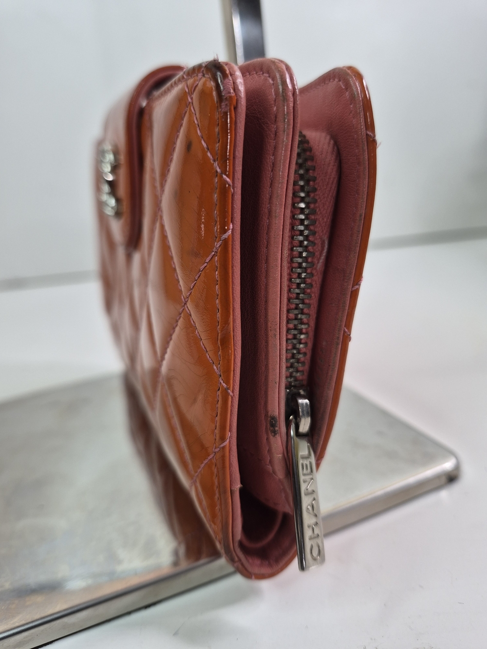 Chanel Orange Quilted Patent Leather Wallet - Picture 3 of 11